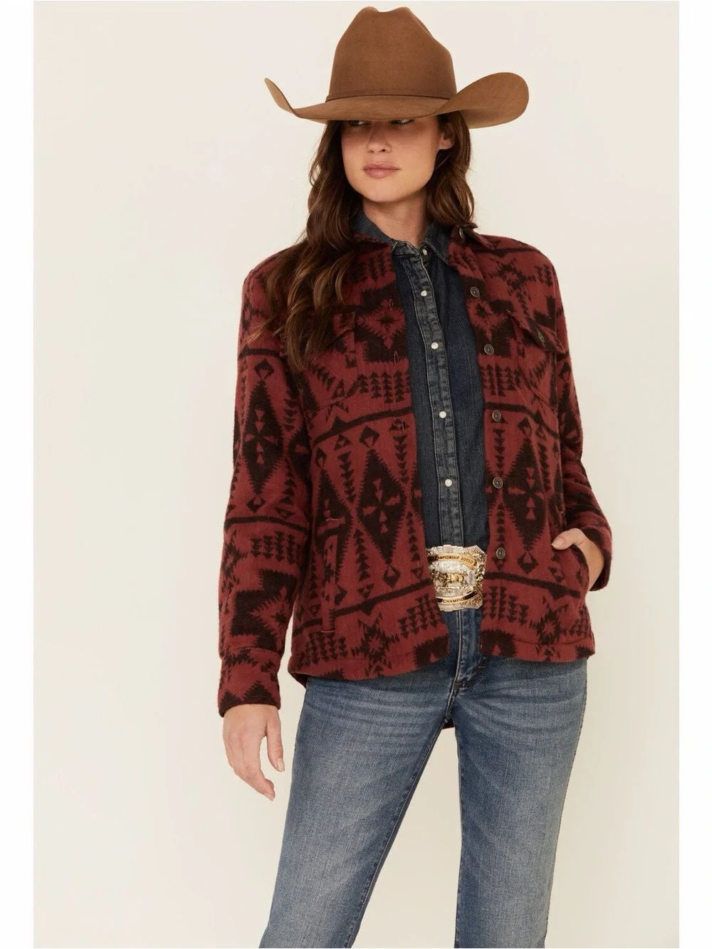 Ariat REAL Marsala Southwestern Print Shirt Jacket NWT! in Burgundy size Medium